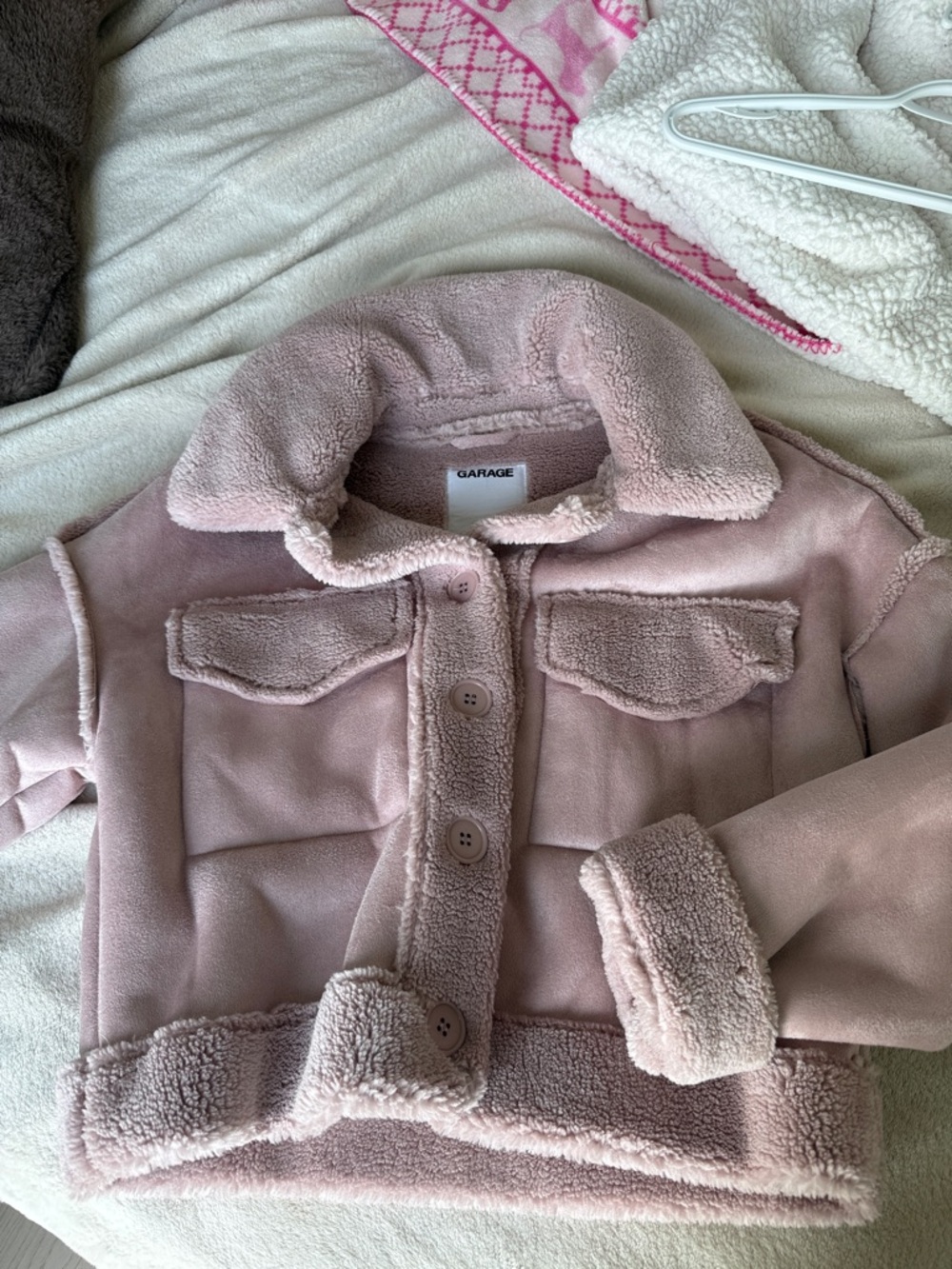 Garage Pink Sherpa-Trim Button Jacket